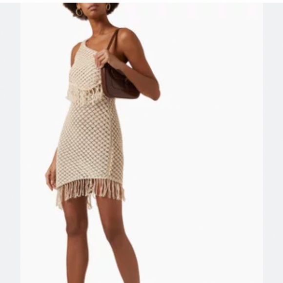 SAVANNAH MORROW Crochet Pima Cotton Mini Dres, One Shoulder, Fringe, Coverup NWT - Picture 5 of 9